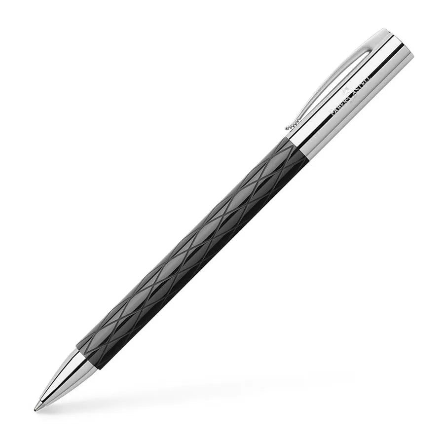 The clean lines and selected materials of these slim writing implements make an excellent impression. They are distinguished by clear-cut visual design combined with professional functionalism.  Barrel made of black, high-gloss precious resin Cushion design with elaborate guilloche engraving End cap and tip made of chrome-plated polished metal Spring-loaded clip made of chrome-plated polished metal Equipped with twist mechanism